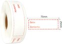 Een rol met blanco houdbaarheidsstickers met rode stippellijn. Naast de rol is een enkele sticker te zien met afmetingen 75mm x 25mm.