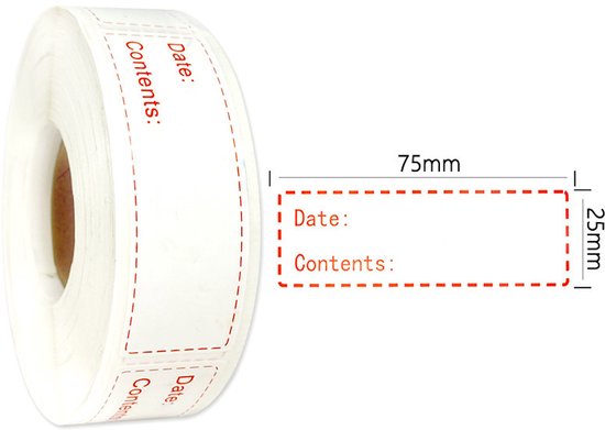 Een rol met blanco houdbaarheidsstickers met rode stippellijn. Naast de rol is een enkele sticker te zien met afmetingen 75mm x 25mm.