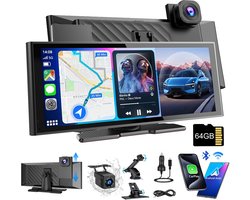 ESSGOO 10 inch Draagbare CarPlay & Android Auto – Universele Auto Monitor – met 64GB – 4K Dashcam Voor Achter – Lichtgevoelig Scherm – Touchscreen