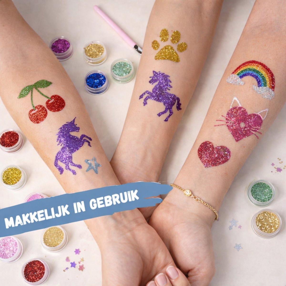 Boncy® XXL Glitter Tattoo Set - Schmink Tattoos Body Glitters - Incl. Sjablonen en Huidlijm - Tijdelijke Nep Tatoeages Voor Kinderen & Volwassenen - Glittergel Gezicht - Temporary Kinder Gel Neptattoos - Plak Lijm Tatoeage - Neptattoo Haar Face — afbeelding 6