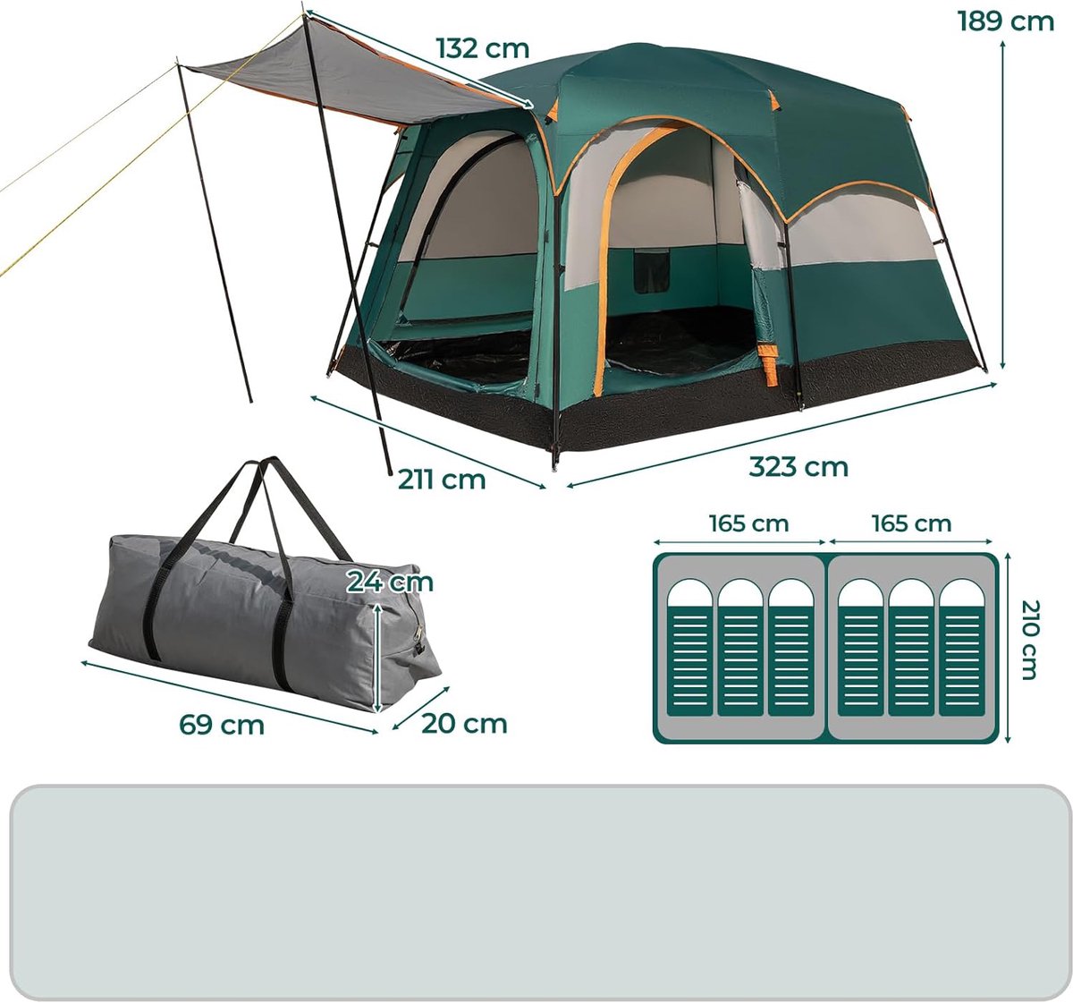 KOMFOTTEU Campingtent, waterdicht, voor 4-6 personen, tunneltent, groot met 3 ingangen en voortent, koepeltent, groepstent, familietent, draagbaar met opbergtas, tent, outdoor, voor reizen, trekking en – foto 3
