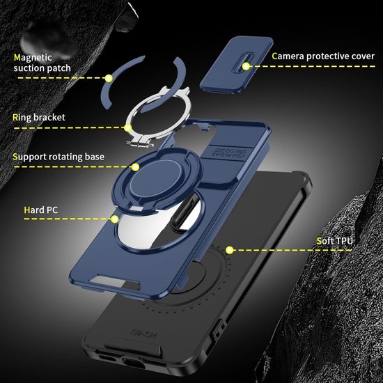 Exploded view van een donkerblauw telefoonhoesje: harde PC-buitenlaag, zachte TPU-binnenlaag, magnetische zuignap, ringbeugel, ondersteunende roterende basis en camerabeschermingshoes.