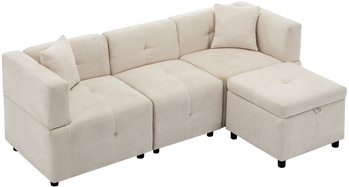 Merax Hoekbank 3 Zits Met Opbergruimte - L Vormige Bank Met Afneembare Poef - Modulaire Loungebank Met 2 Kussens - Chenille Stof - Voor Woonkamer En Kantoor - Beige - 204 X 126 X 69 Cm