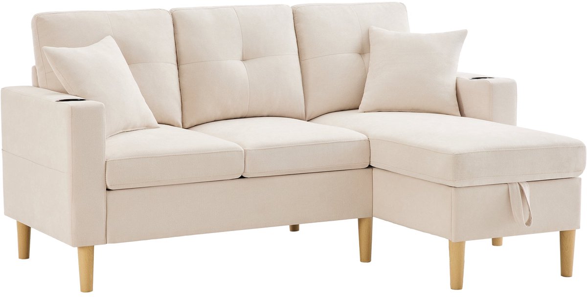 Merax Hoekbank 3 Zits Met Chaise Longue En Opbergruimte - L Vormige Bank Met Verplaatsbare Chaise - Geïntegreerde Bekerhouders En Zijvakken - Inclusief 2 Kussens - Voor Woonkamer Appartement En Kantoor - Beige - 175 X 129 X 90 Cm