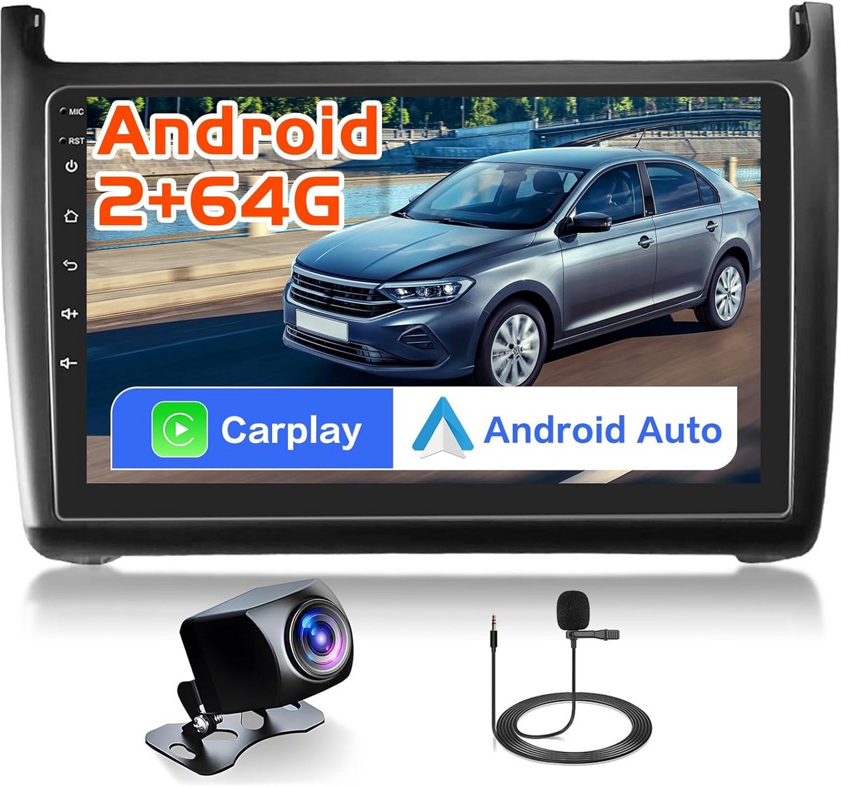 Inbouwen Autoradio 2 DIN met 9" Touchscreen voor VW Polo 2009-2016, Android 13, Draadloze Carplay/Android Auto