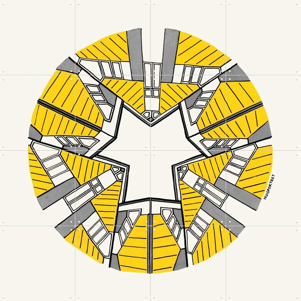 IXXI Cube Houses Circle, Huisportret & Kunst in Kaart - 80 x 80 cm - Gratis ophangtool - Grote wanddecoratie en posters - Illustraties, Architectuur