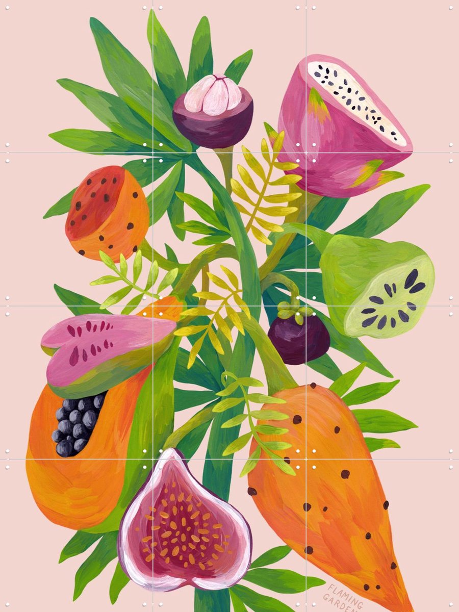 IXXI Exotic Fruits pink, Flaming Garden - 60 x 80 cm - Gratis ophangtool - Grote wanddecoratie en posters - Digitale Kunst, Speels, Kleurrijk