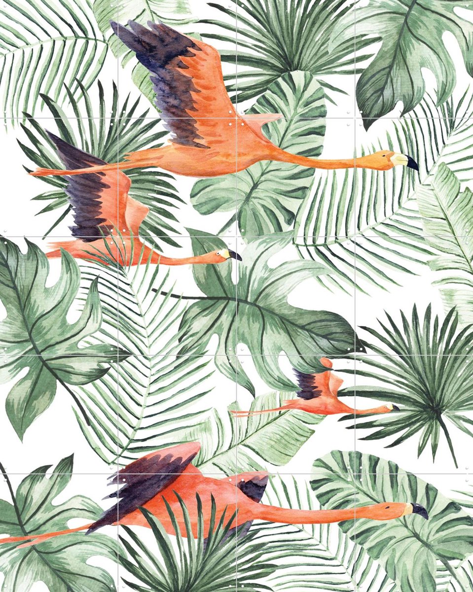 IXXI Flamingo Flight, Creative Lab Amsterdam - 80 x 100 cm - Gratis ophangtool - Grote wanddecoratie en posters - Kleurrijk, Illustraties, Badkamer
