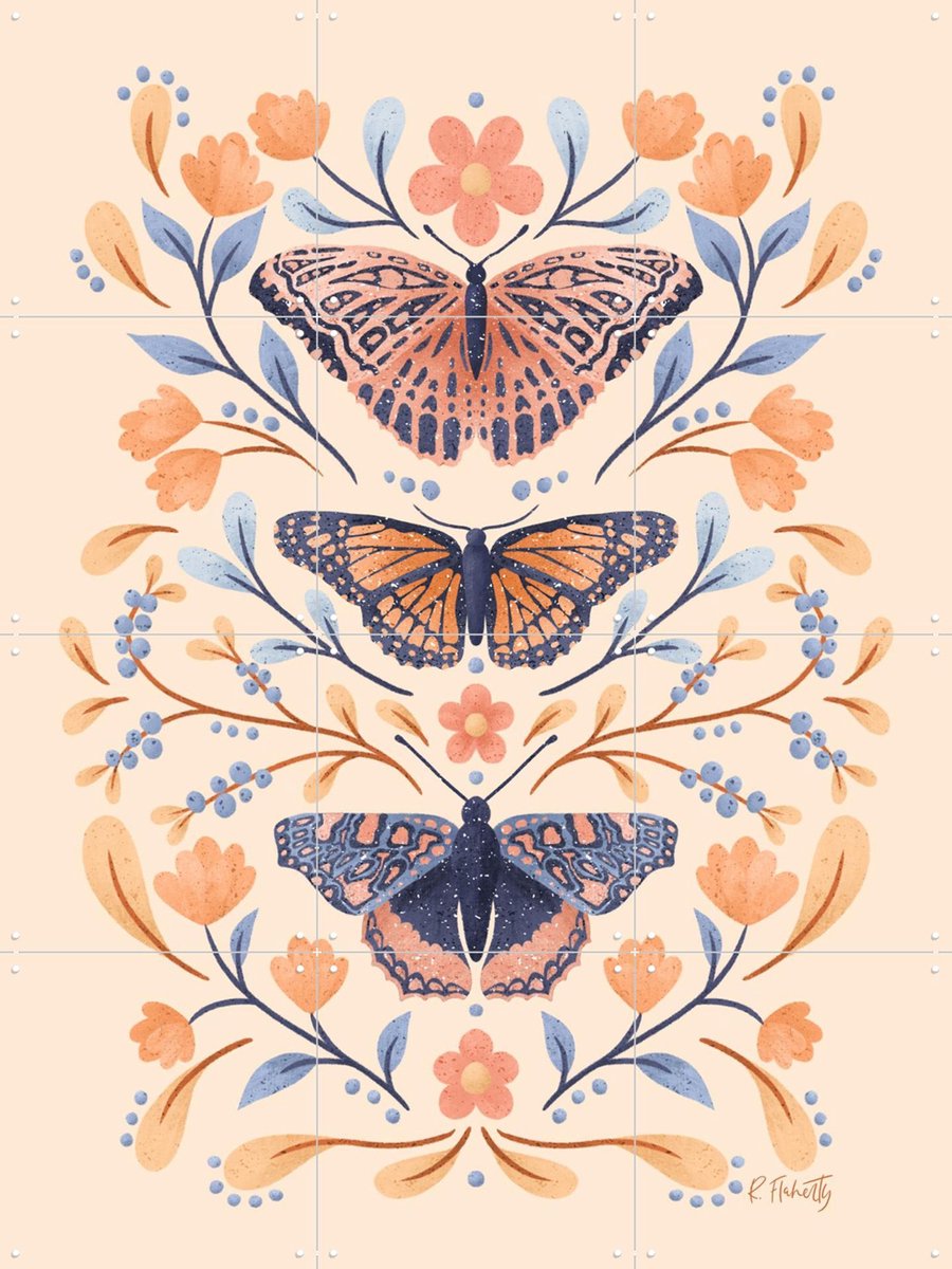 IXXI Floral Butterflies, Rebecca Flaherty - 60 x 80 cm - Gratis ophangtool - Grote wanddecoratie en posters - Kleurrijk, Illustraties, Speels