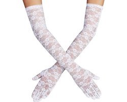 1 Paar Dames Kanten Handschoenen Lange Elegante Theekransje Engagement Dans Cocktail Party Opera Handschoenen, wit