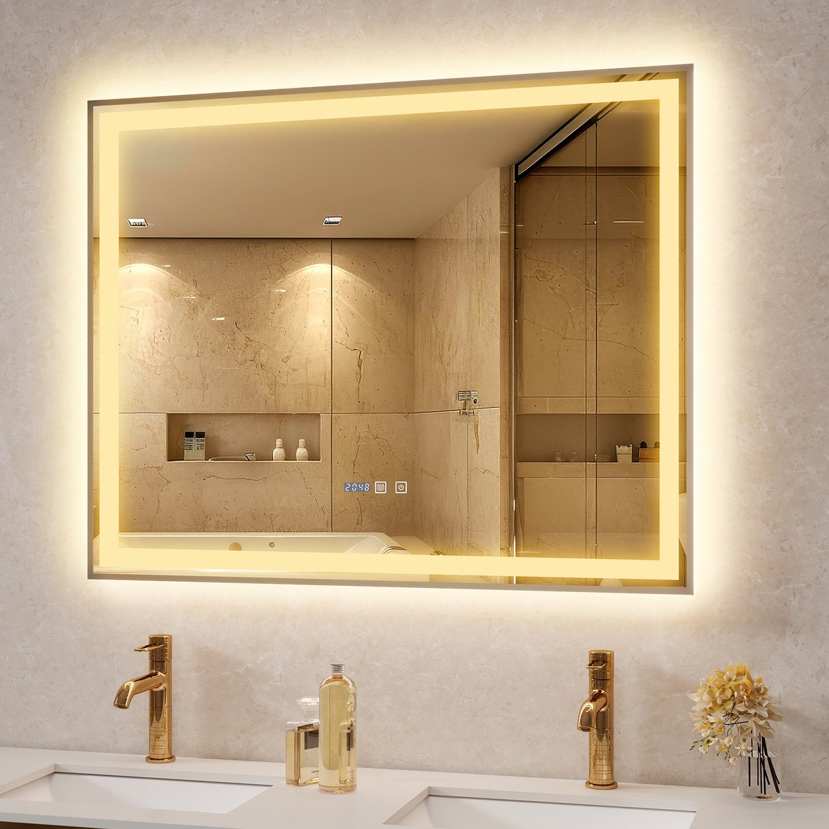 Puluomis Badkamerspiegel - 100x80cm - Rechthoekig Zilver Metalen Frame - LED-verlichting - Tijd- en Temperatuurweergave - Ontwaseming