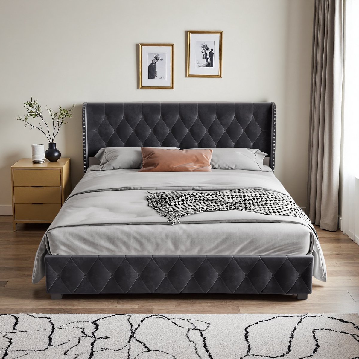 Gestoffeerd bed 140x200cm, Continentaal bed, Tweepersoonsbed, Grote opbergruimte, Ontwerp met trekpunten en klinknagels, Donkergrijze fluwelen afwerking