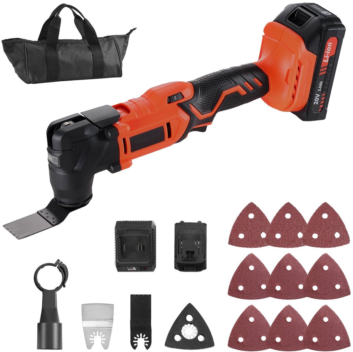Oscillerende multitool - Accu 20V - 6 Variabele Snelheden 8500–17000 omw/min - 3,2° Oscillatiehoek - 2,0 Ah Accu + Lader - 12-delige Zaagaccessoireset - LED-verlichting