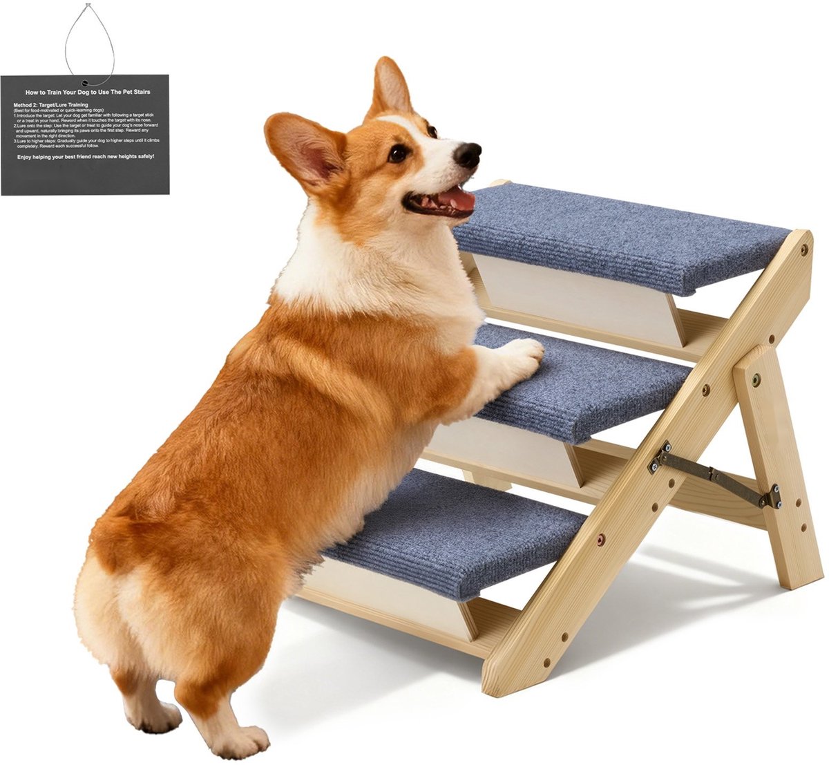 Hondentrap / Hondenladder - Opvouwbare Houten 3-Treden Trap - Maat 51 x 47 x 37 cm - Belastbaar tot 68 kg - Voor Bed, Bank en Auto - Voor Klein tot Groot, Senioren en Puppy's