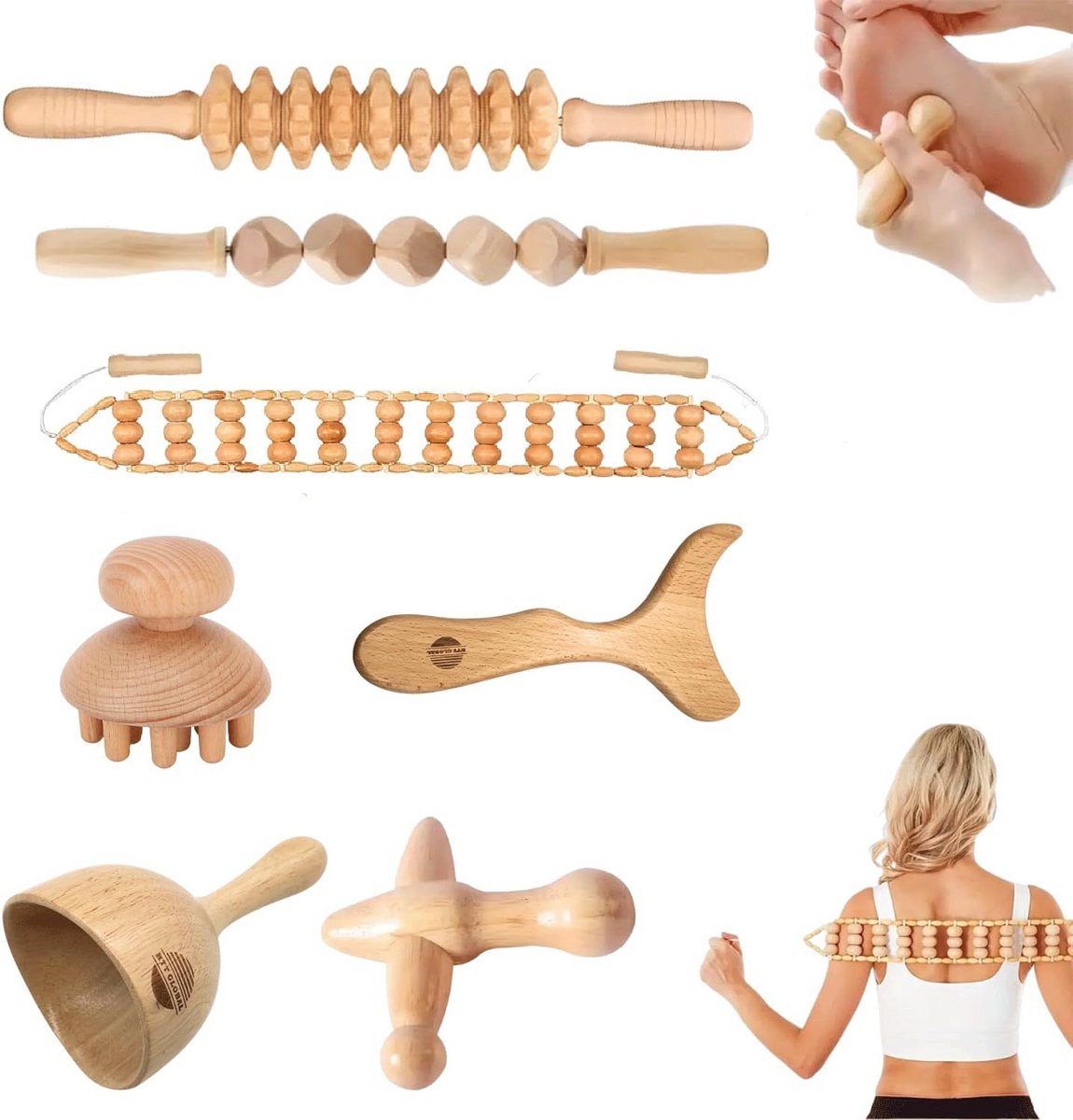 Houten Massage Roller Set voor Diepe Spiermassage en Ontspanning (7 Delen)