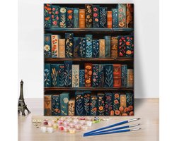 Schilderen op Nummer voor Volwassenen: Boekenkast met Bloemen Canvas Schilderset 40x50cm
