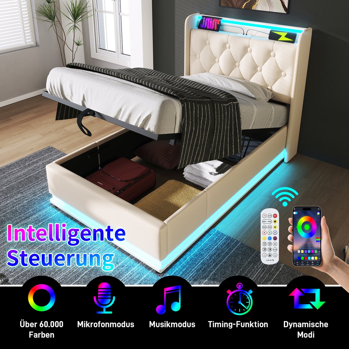 FloraGrace Gestoffeerd Bed 90x200 Cm – Met Rondom Led Verlichting – Hydraulische Opbergruimte – Met Usb En Type C – Zonder Matras – Pu – Wit