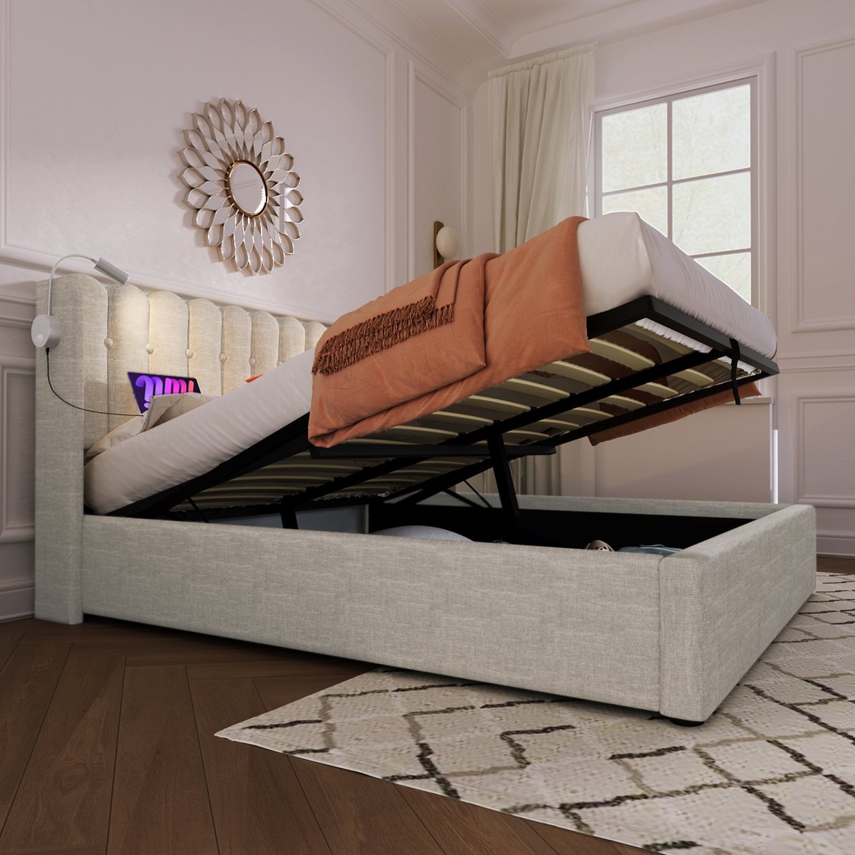 Wishdor Gestoffeerd Tweepersoonsbed 140x200 cm – Leeslamp en 2 USB – Gasveer Opbergruimte 