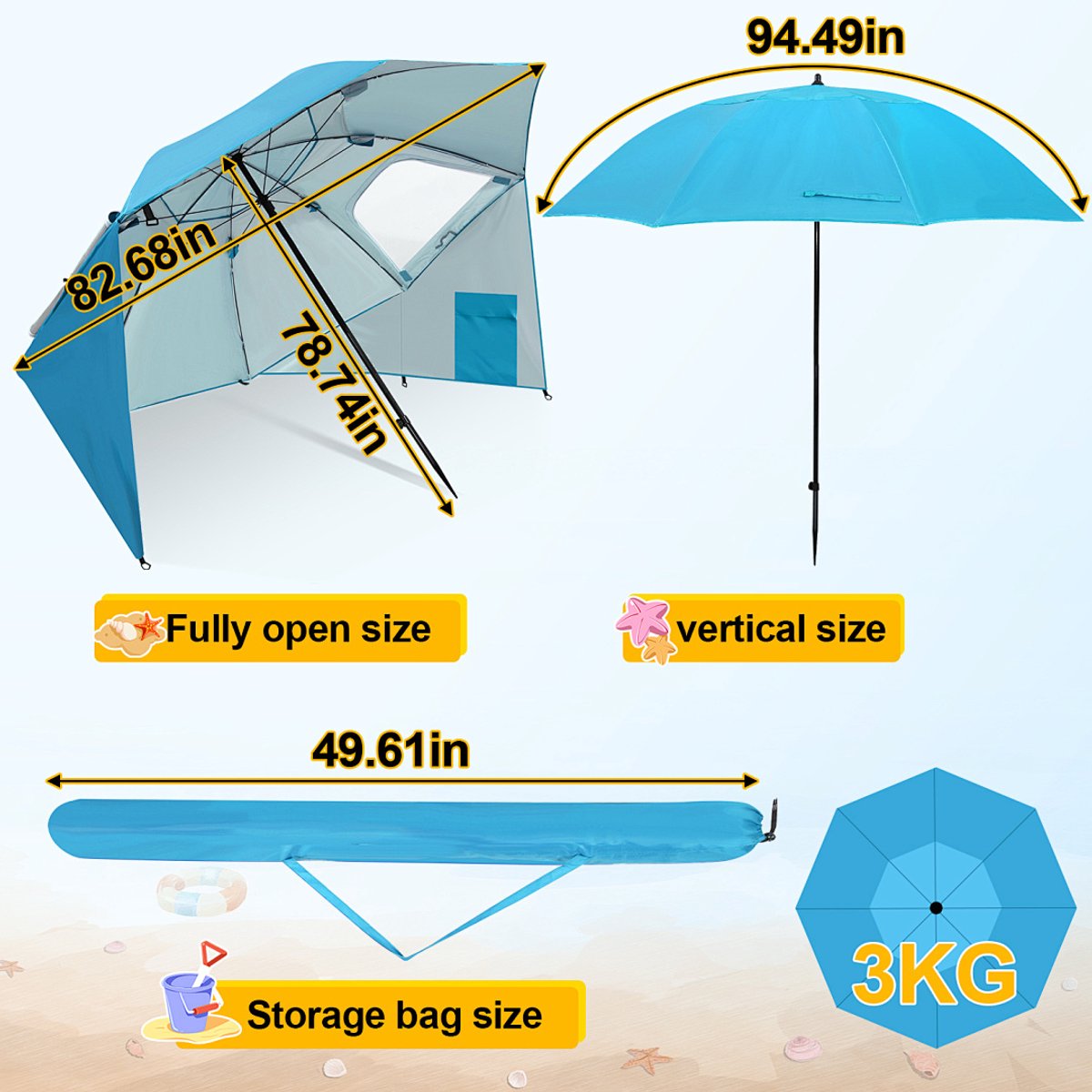 Parasol Strandparasols, Stokparasols en Balkonparasols met 210 cm Zonnenscherm, UV-bescherming 50+ - Inklapbaar, Waterafstotend, Grondpin en Draagtas Inclusief, Perfect voor Strand, Tuin en Balkon als Tuinparasol, Hemelsblauw – foto 2
