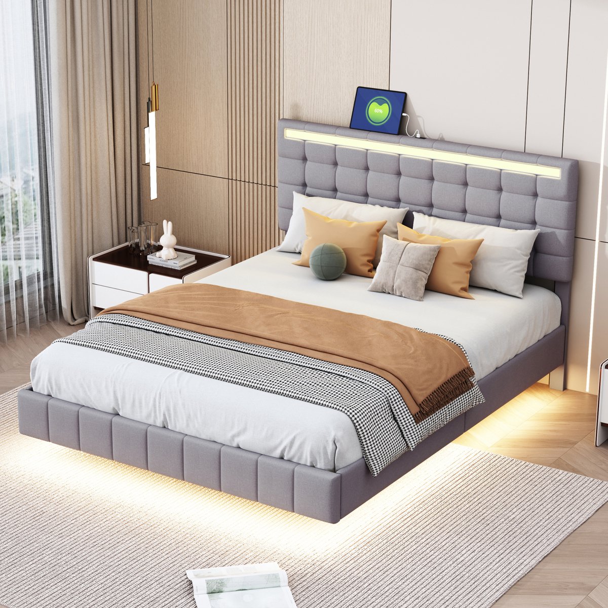 Gestoffeerd bed 140 x 200 cm, zwevend bedframe met ledverlichting en oplaadpoort, in hoogte verstelbaar hoofdeinde, verborgen bedpoten, grijs beddengoed