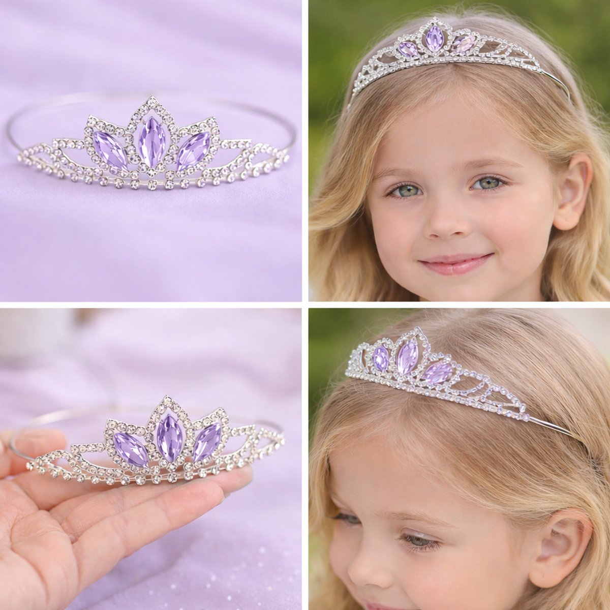 Prinsessen Tiara Zilver met Paarse Marquise Kristalstenen – Kroontje Meisje - Elegant Bladvorm Design — afbeelding 4