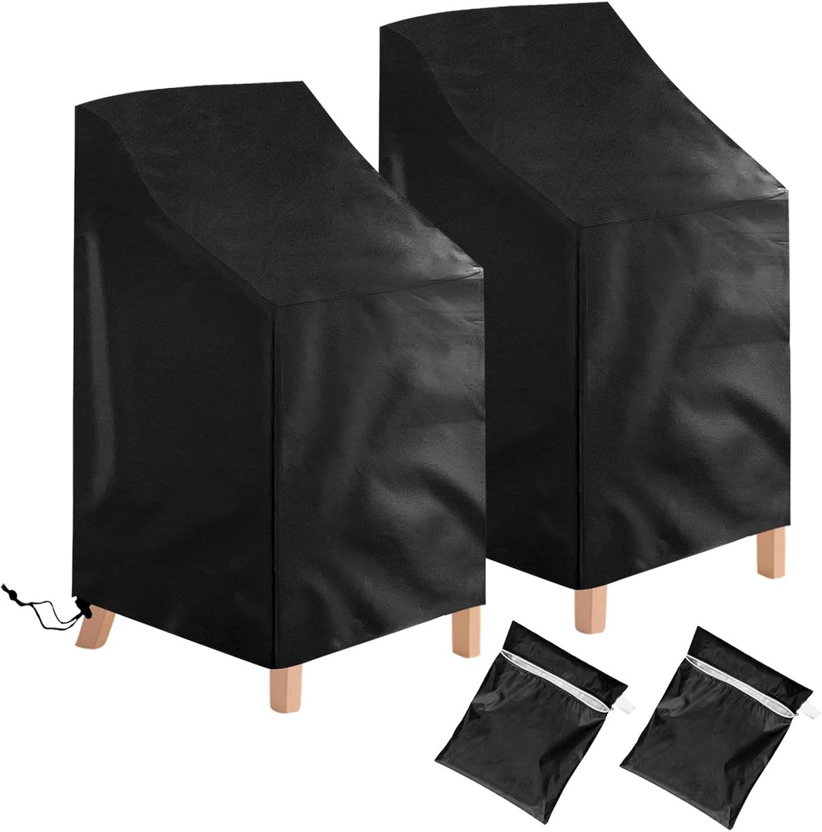 Famanu 2 Stuks waterdichte - winddichte - UV - bestendige beschermhoes voor tuinstoelen - beschermhoes van Oxford - stof voor stapelstoelen - tuinstoel met hoge rugleuning (grijs) ZWART