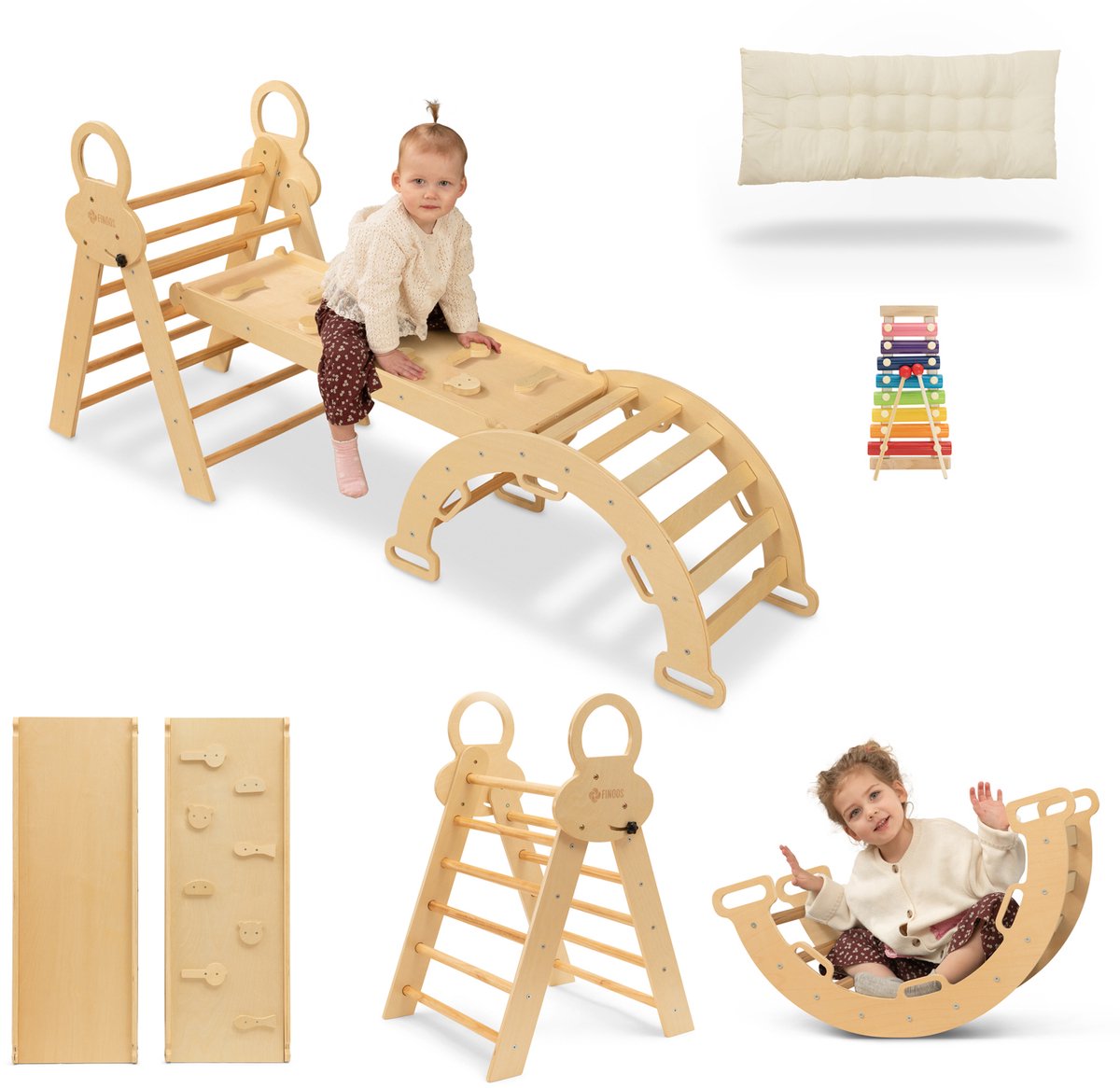 FINOOS Klimrek - Klimdriehoek - Klimboog - Glijbaan - Montessori - Houten Speelgoed - incl. kussen en Xylofoon Naturel