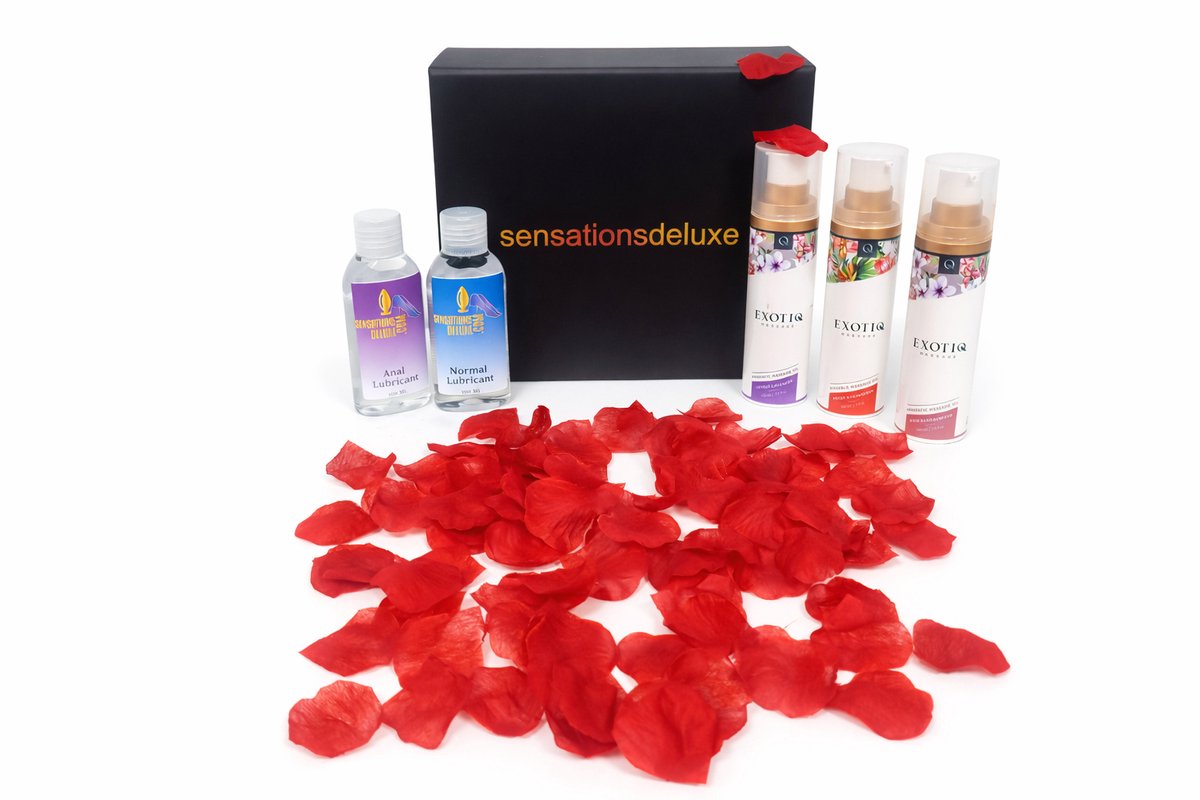 Sensationsdeluxe - Massage Box - 3x Massage Olie - Glijmiddel Normaal - Glijmiddel Anaal - Roos Converti - Valentijns Cadeau