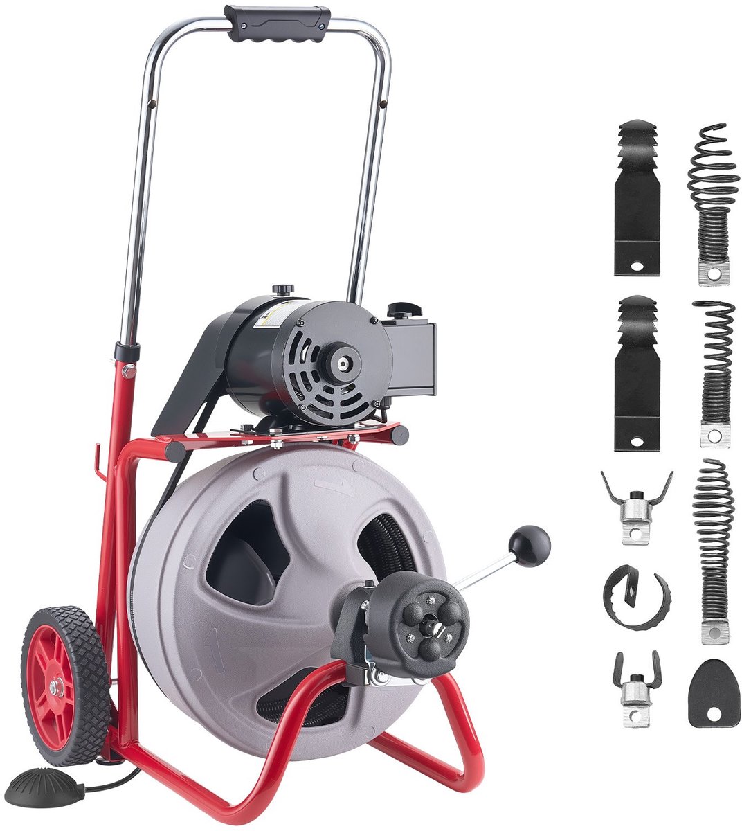 Pijpreinigingsmachine / Rioolontstopper - Veermachine - Veer 22 m x 9,5 mm - Automatische Aanvoer - Set met 8 Snijgereedschappen - Pneumatische Voetschakelaar - Voor Ø50–100 mm