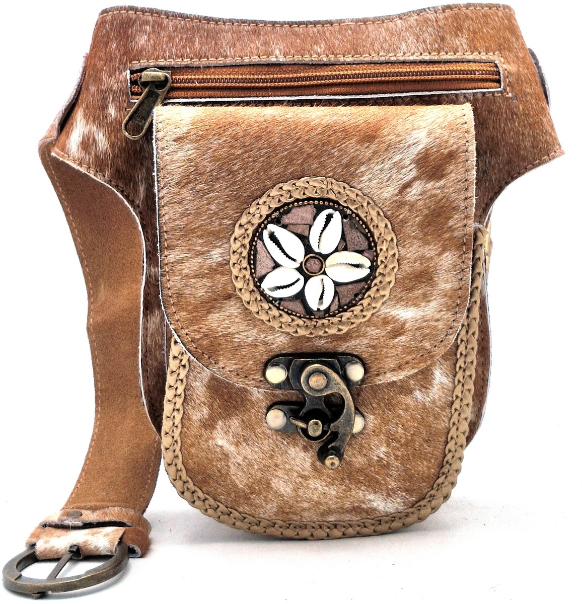 Koeienhuid heuptas met vintage haakje - Festivaltasje Koeienhuid - Ibiza Stijl Heuptas -Bruin-beige - (B x H x D) ca. 14,5 cm x 21 cm x 5 cm