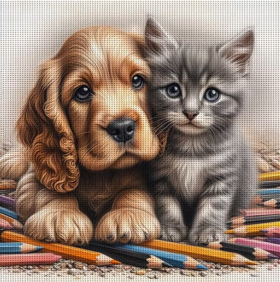 Volledige Borduurpakket Volwassenen - Voorbedrukt - Kat met hond - Hobby en Creatief - Borduurset - 40x40 cm