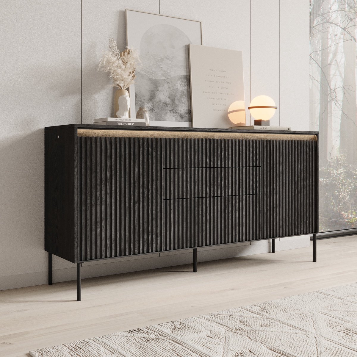 Meubella - Dressoir Timoteo - Mat zwart - 166 cm