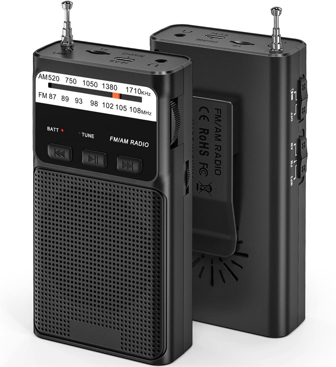 Draagbare AM FM Radio met 1200mAh Oplaadbare Batterij, Rugklem en Flitslicht