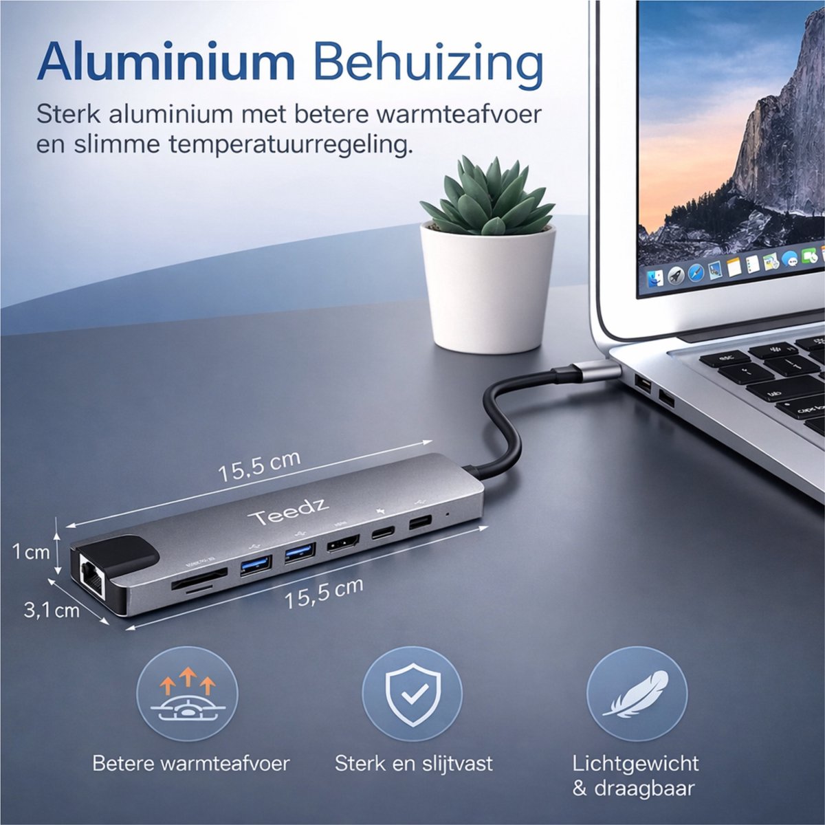 USB-C Hub 8-in-1 met HDMI 4K, Ethernet RJ45, 100W opladen, USB 3.0, SD/TF kaartlezer voor laptop/tablet - Afbeelding 3