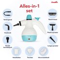 Wit apparaat met turquoise dop, omringd door accessoires: verlengstuk, hoekstuk, ronde borstel, maatbeker, trechter, microvezeldoek, raamwisser, platte sproeier en lange sproeier. "Alles-in-1 set".