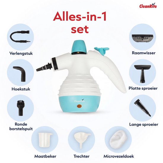 Wit apparaat met turquoise dop, omringd door accessoires: verlengstuk, hoekstuk, ronde borstel, maatbeker, trechter, microvezeldoek, raamwisser, platte sproeier en lange sproeier. "Alles-in-1 set".