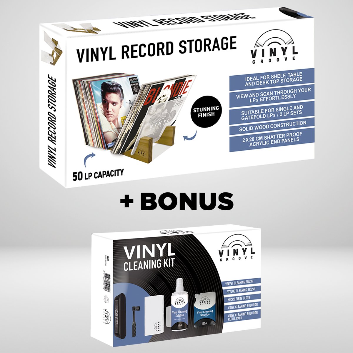 Bundel: Table Top 50 LP Holder - Teak + Vinyl Record Cleaning Kit Bonus