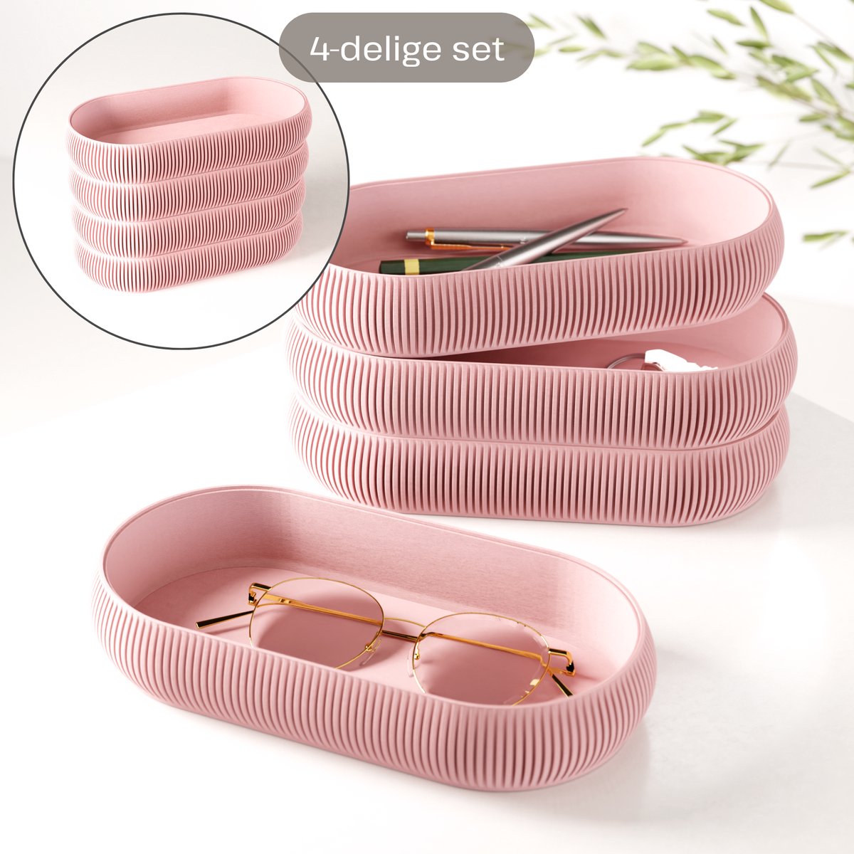 Fleuriek – Stapelbare organizer set 4-delig – Mix & match opbergsysteem – Trays + pennenhouder voor kantoor, bureau, badkamer & keuken – Roze