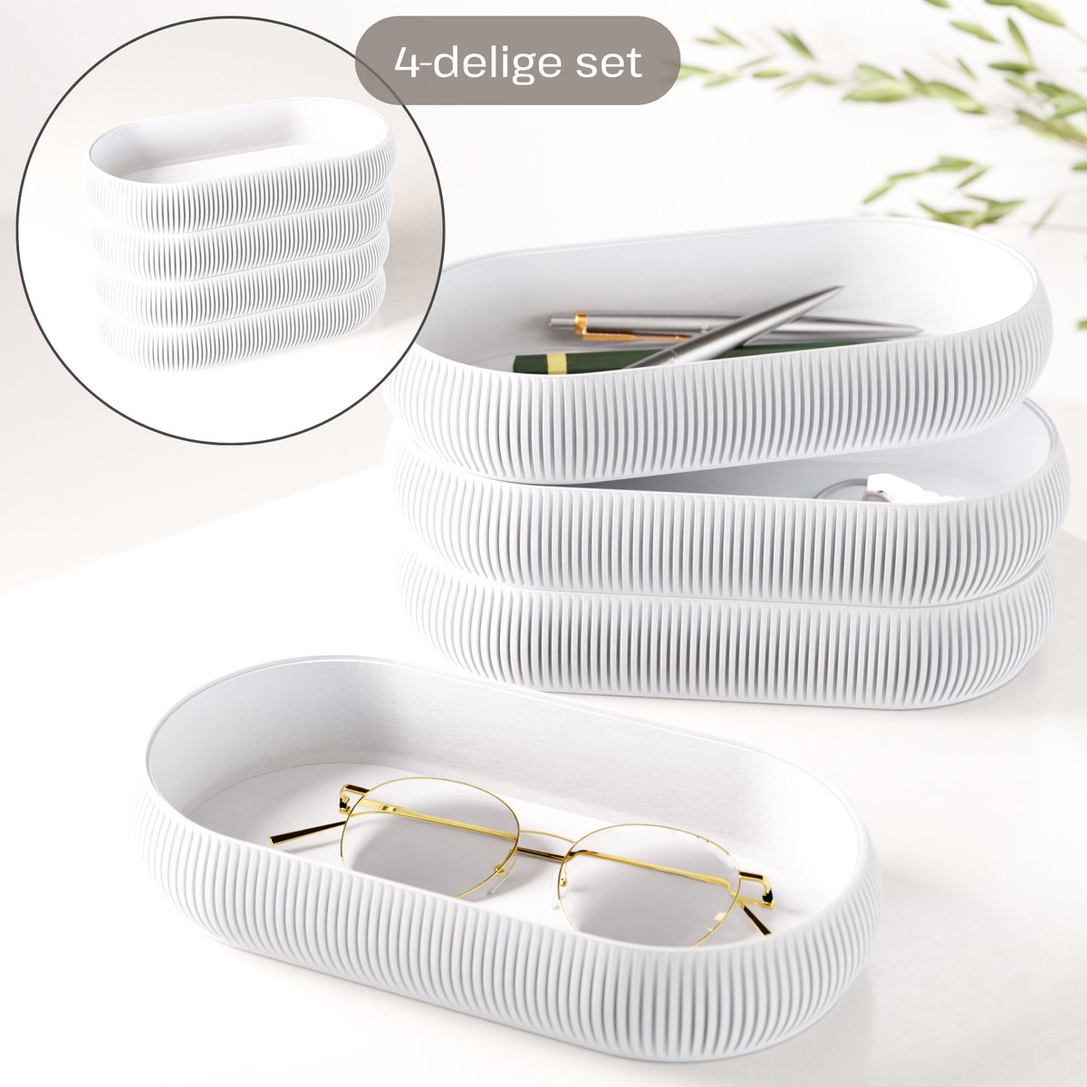 Fleuriek – Stapelbare organizer set 4-delig – Mix & match opbergsysteem – Trays + pennenhouder voor kantoor, bureau, badkamer & keuken – Wit