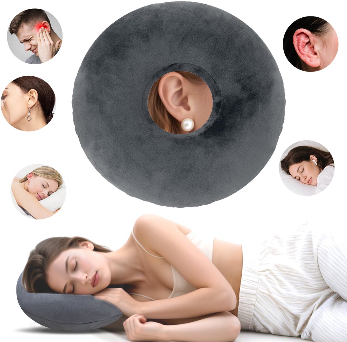Hoofdkussens - Oorkussen met Middengat - Orthopedisch Kussen voor Zijslapers - Orthopedisch Piercing Hoofdkussen 29x29cm – Donut Kussen met Gat – Zijslaapkussen – Ringkussen voor Oor - Grijs