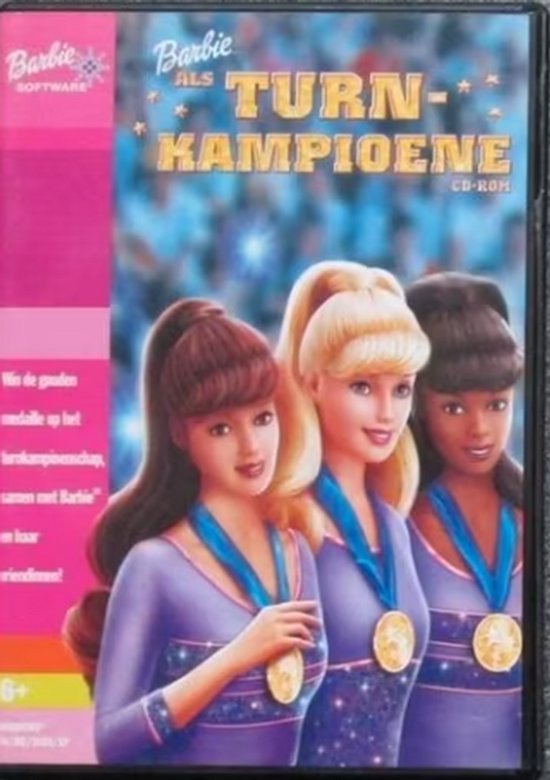 Drie Barbie poppen in paarse turnpakjes met gouden medailles om hun nek. De tekst "Barbie als Turn Kampioene" staat bovenaan.