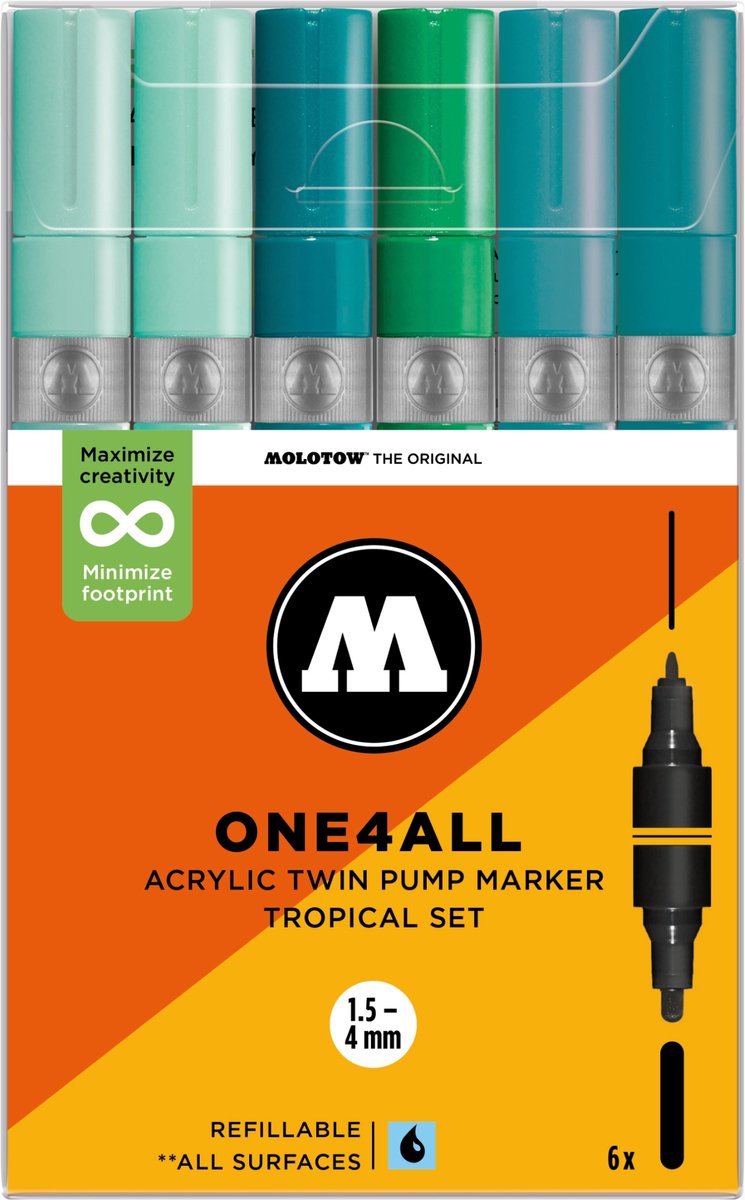 MOLOTOW ONE4ALL TWIN Acrylstiften Set - Tropisch - 6x (1,5+4mm) - Tropical Set