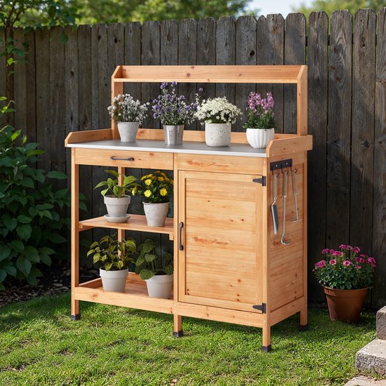 Xbro Tuinkast met Waterdicht Werkblad en Opbergvakken – Plantentafel met Lade, Kast & Haken – Voor Binnen & Buiten – Houten Opbergkast voor Tuin & Balkon – 112 x 47 x 125 cm