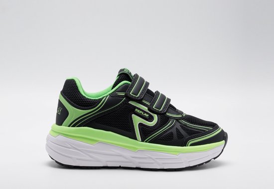 Zwarte Replay sneaker met limegroene accenten, klittenbandsluiting en witte zool.