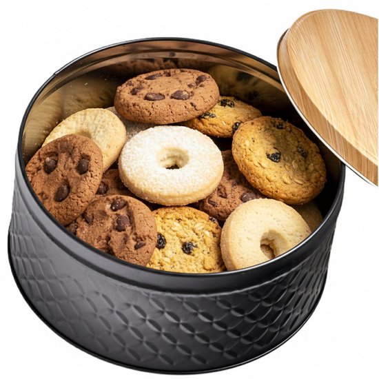5Five Koektrommel voorraadblik - zwart - 20 x 10 cm - 4 liter - bewaarblik met houtnerf look deksel - snoeptrommel