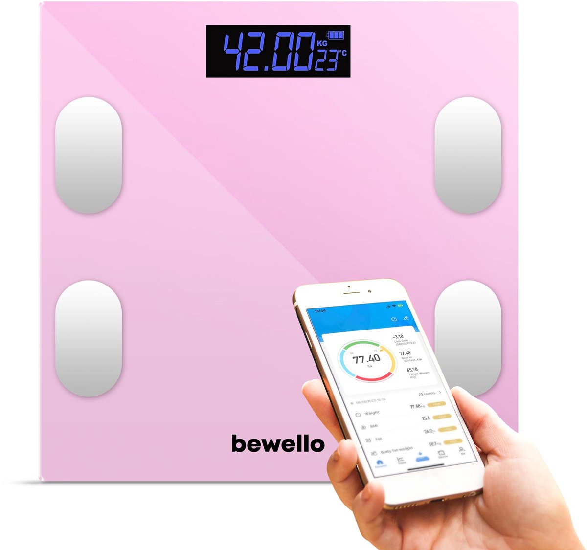 Smart Weegschaal met App – Digitale Personenweegschaal 180 kg – Bluetooth – Glazen Weegschaal – Roze [BW3015]