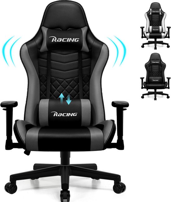 Fukstern Gaming Stoel-Ergonomische gamestoel-170°Verstelbare Rugleunin gaming chair-Inklapbare voetsteun -Max. Draagvermogen 150 kg – Grijs