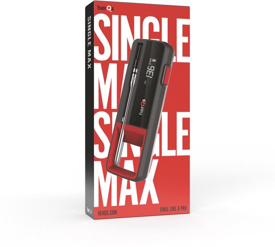 Verpakking van de herQs Single Max thermometer met rode en witte tekst. De thermometer is afgebeeld op de voorkant.