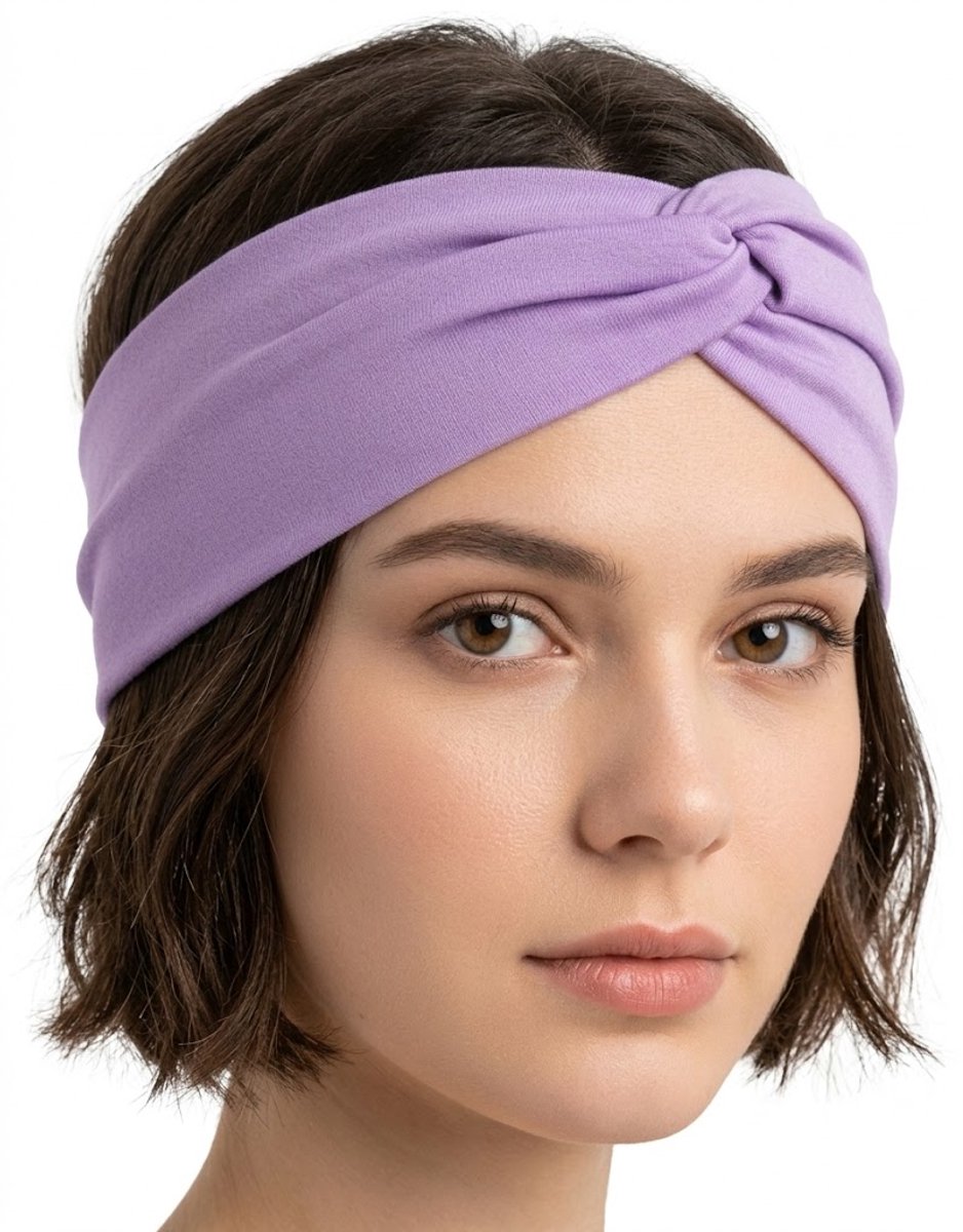 Lila elastische haarband met twistknoop voor dames – brede rekbare hoofdband – modieus en comfortabel haaraccessoire