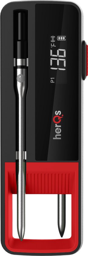 Zwarte thermometer met rode accenten en zilverkleurige probe in de houder, met display.